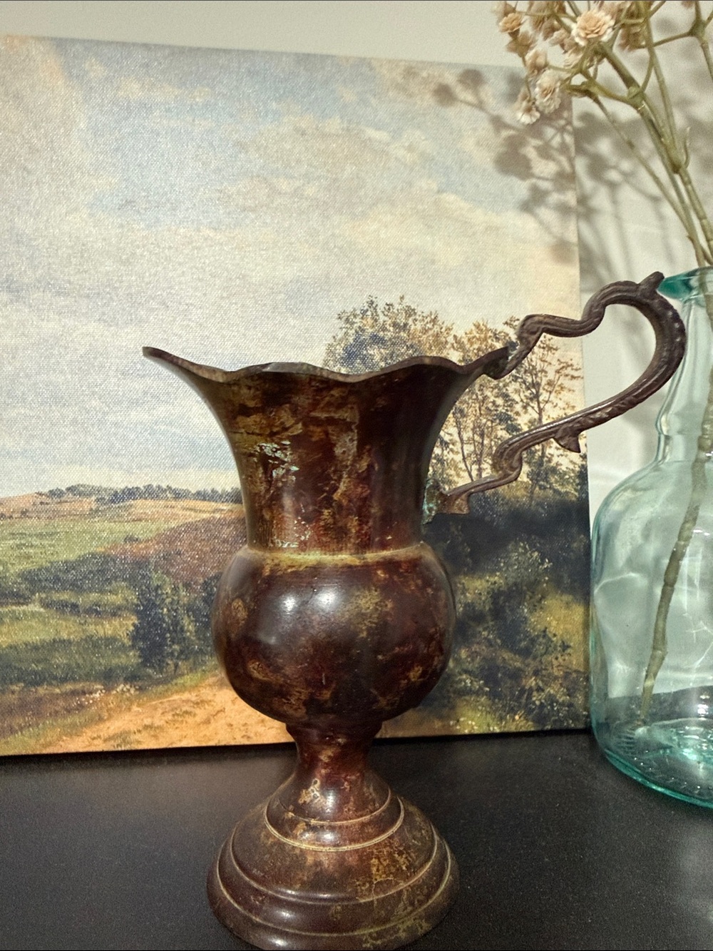 Vintage Brass Tone Decorative Ewer Pitcher Urn Vase Rustic Farmhouse Decor